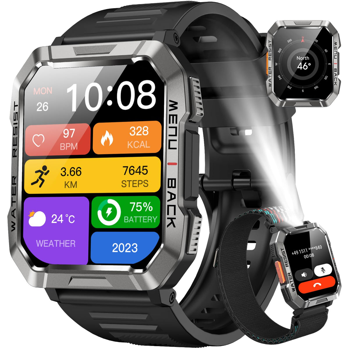 Smart Watch with Flashlight Compass Heart Rate SpO2 Sleep Monitor 2 Straps D4904