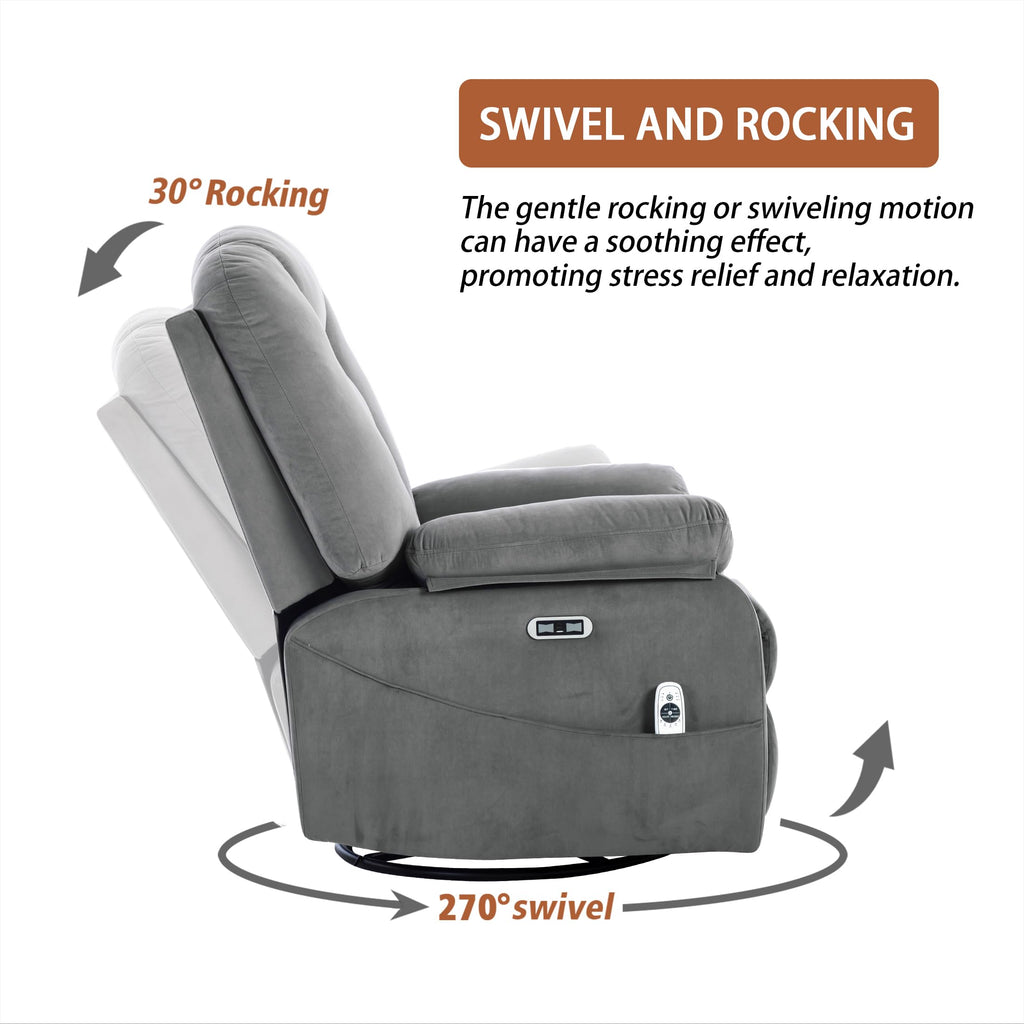 Velvet Grey Power Swivel Rocker Recliner with Massage and Heat W568