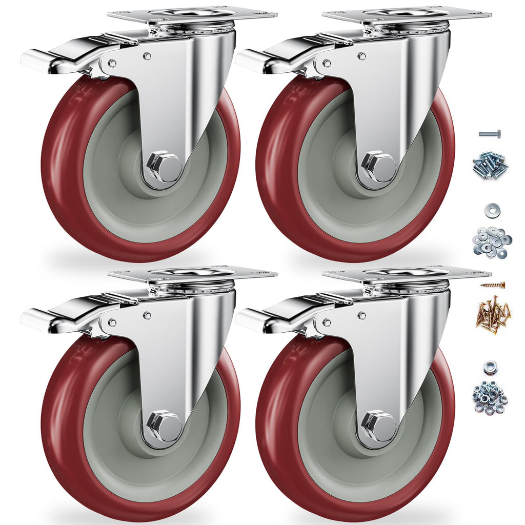 5" Heavy Duty Plate Casters with Brake, Set of 4 U258806