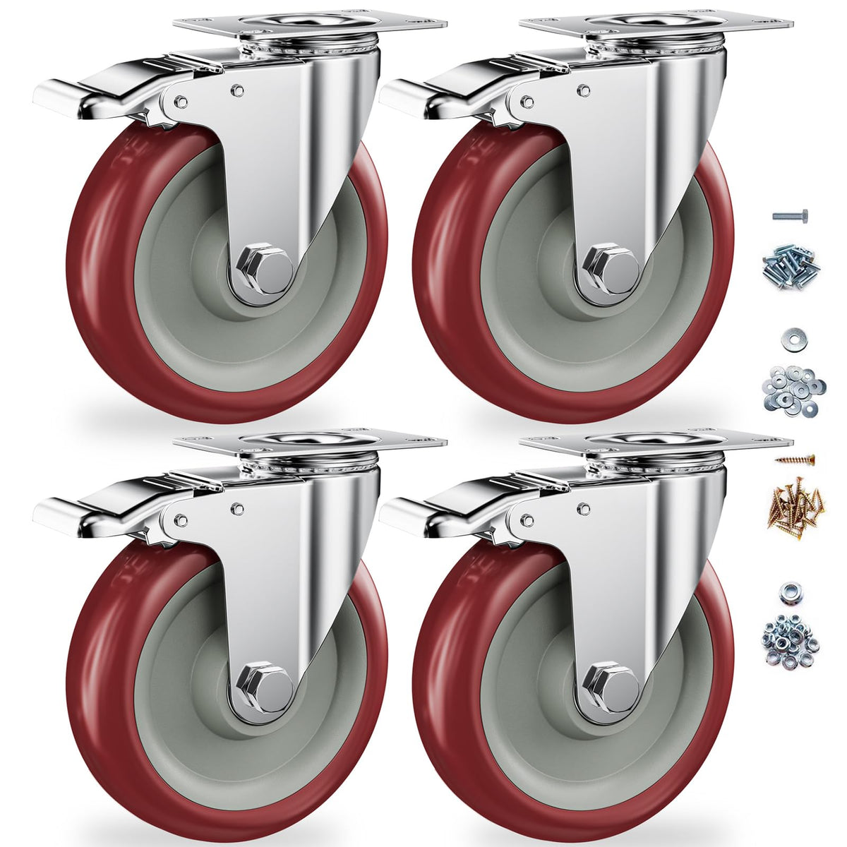 5" Heavy Duty Plate Casters with Brake, Set of 4 U258806