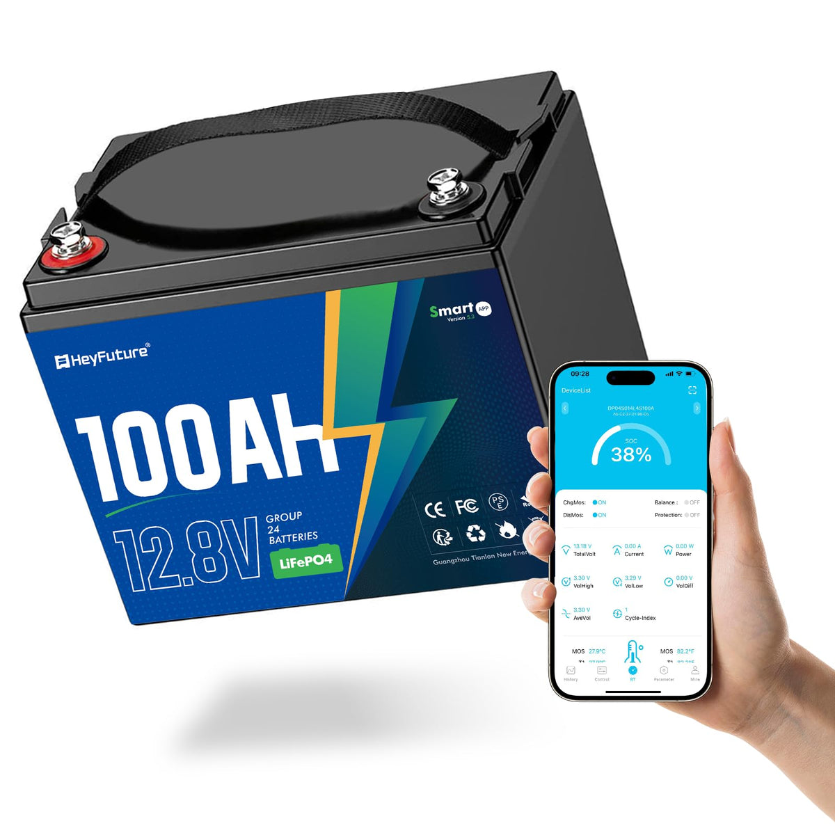 12V 100Ah Bluetooth LiFePO4 Battery W1383