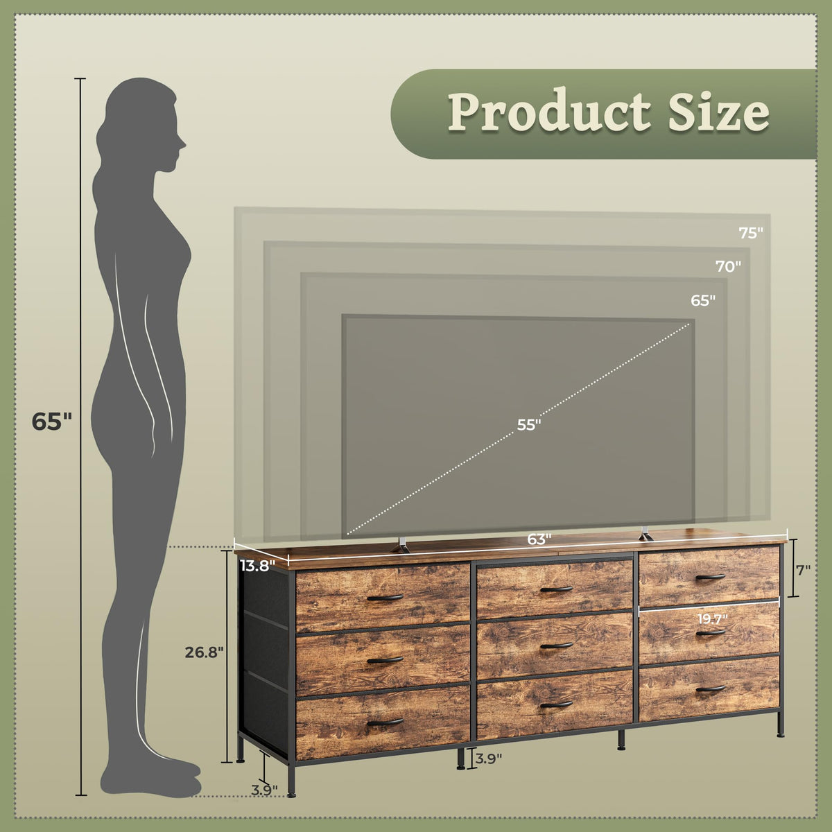 63 Inch 9 Fabric Drawer Dresser D461