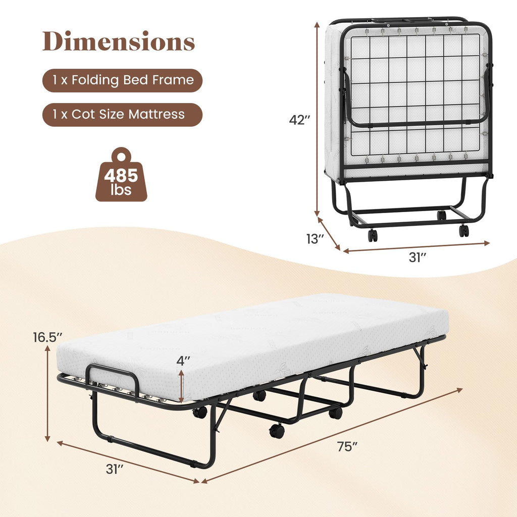 Folding Bed with Mattress, Cot Size Gel Memory Foam Metal Frame R94564