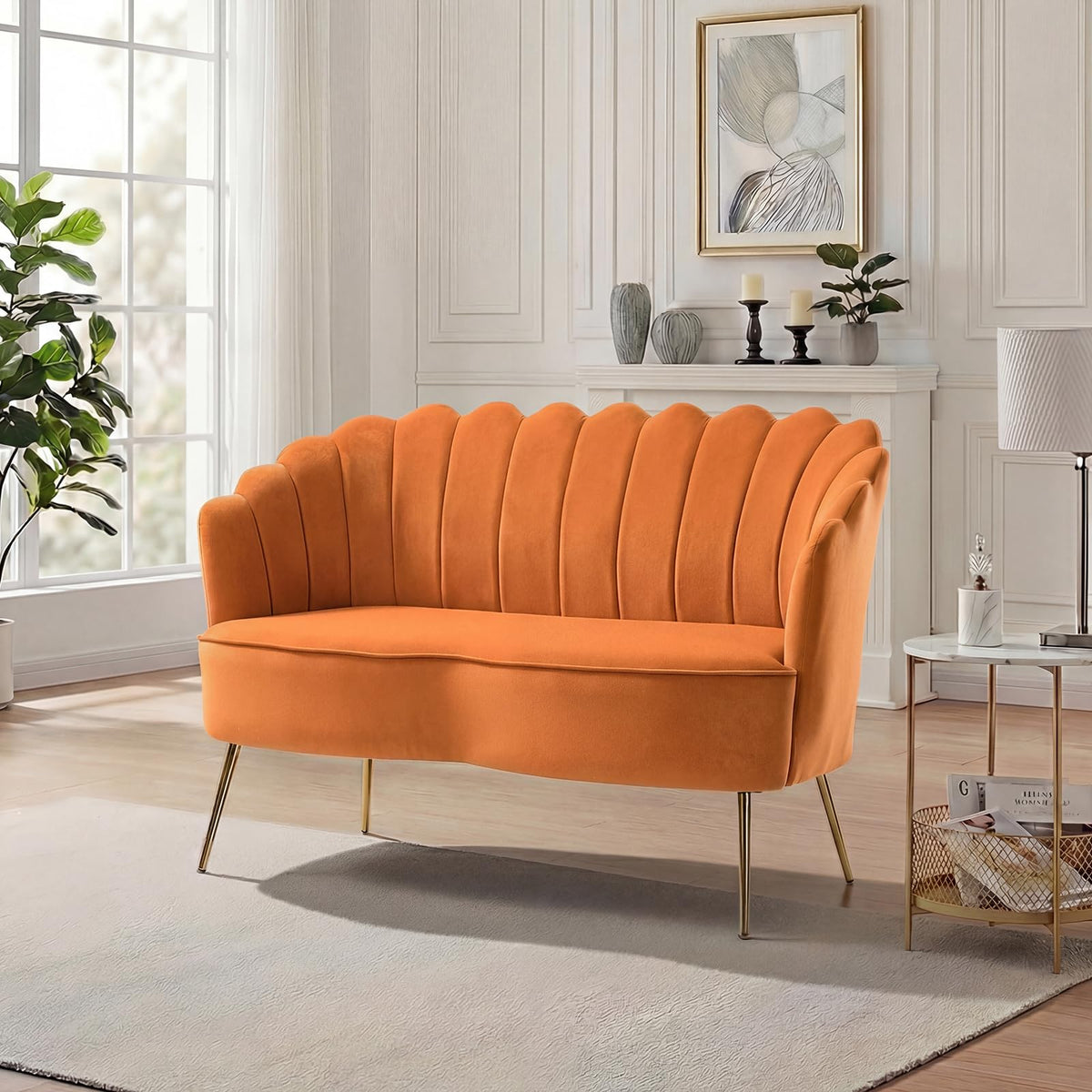 Orange Velvet 2-Seater Loveseat Sofa with Gold Metal Legs M209