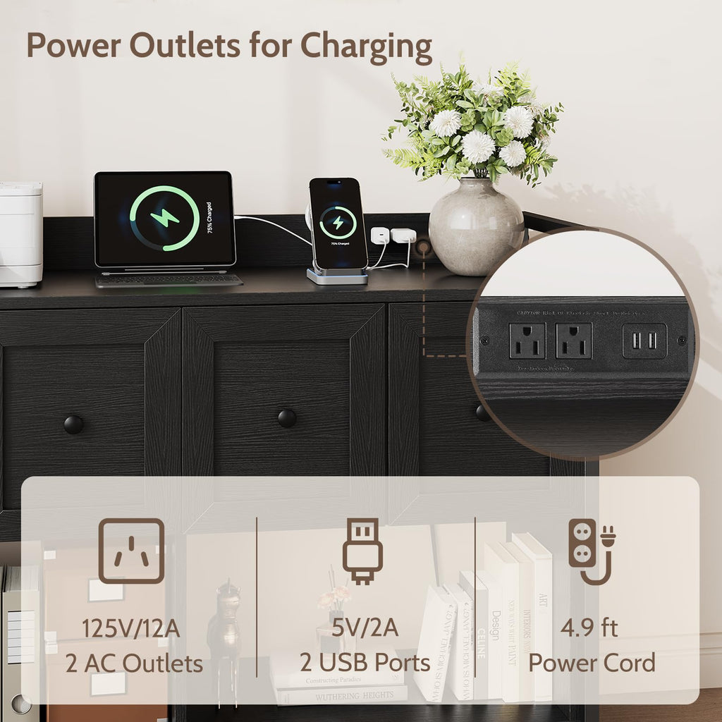Black 2 Drawer Wood File Cabinet with Power Outlet J748