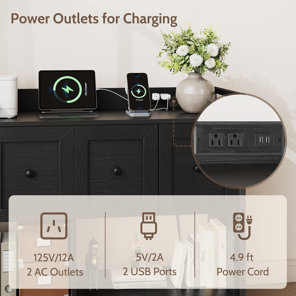 Black 2 Drawer Wood File Cabinet with Power Outlet J748