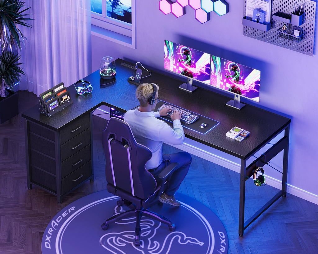 61" L Shaped Gaming Desk with 4 Drawers and Power Outlets, Black K912894