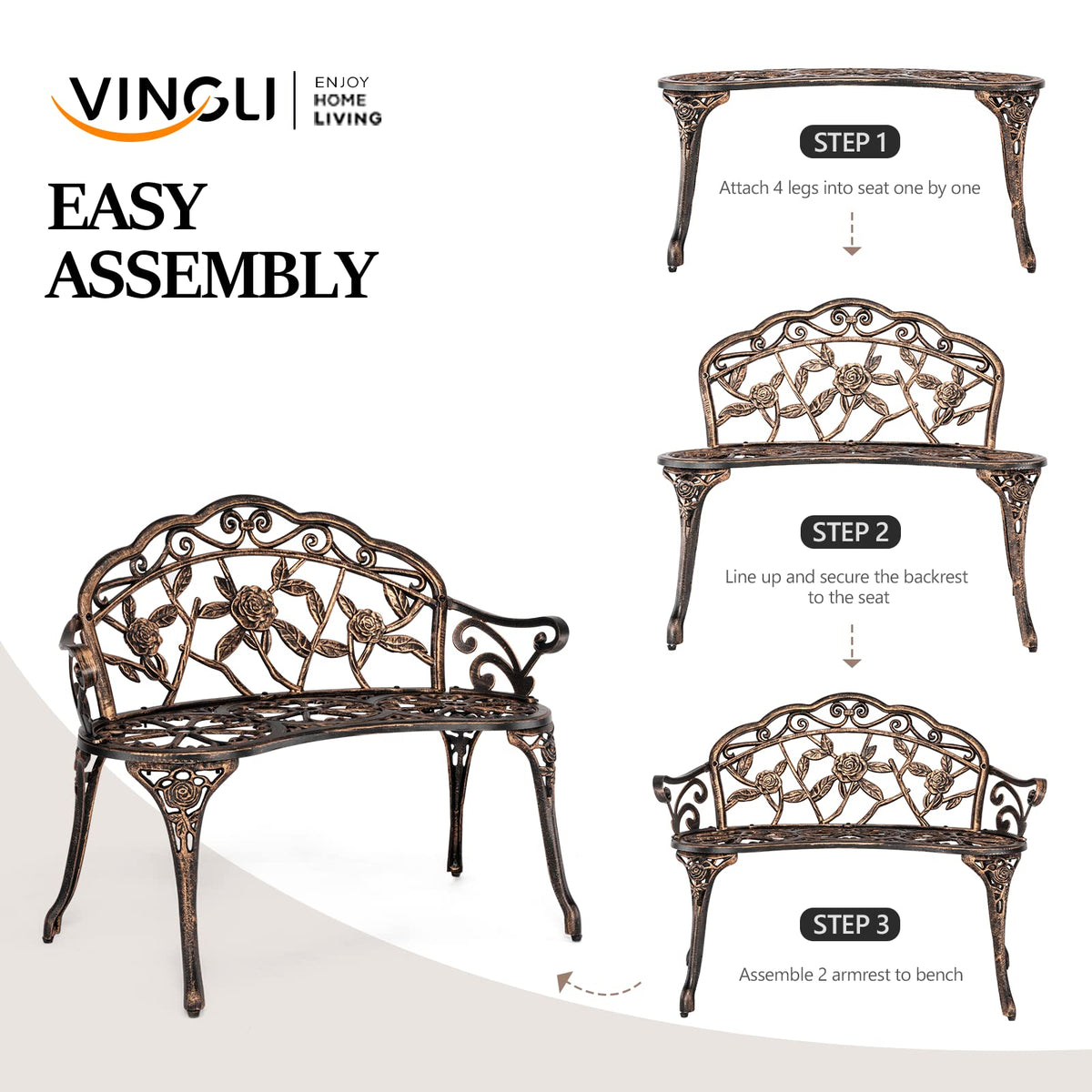 38.5" Metal Rose Bench J836552