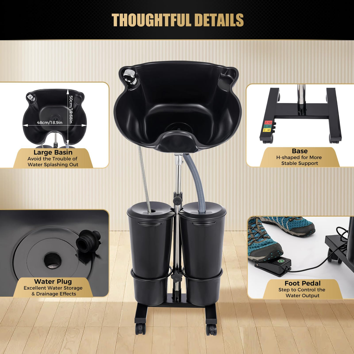 Portable Plastic Shampoo Basin with 2 Water Buckets and Wheels I2618