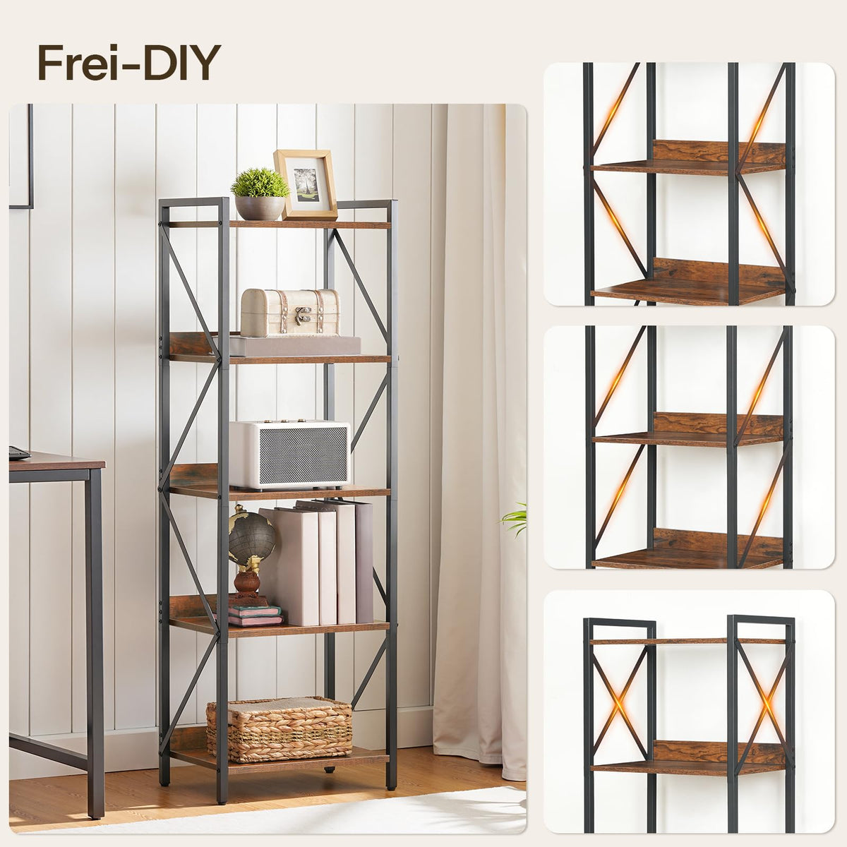 5-Tier Industrial Bookshelf with Metal Frame N592372