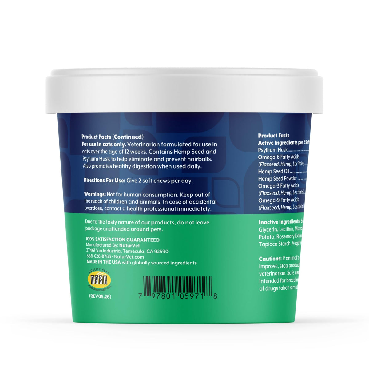 Hemp Hairball Aid Supplement for Cats 60 ct Soft Chews I7417