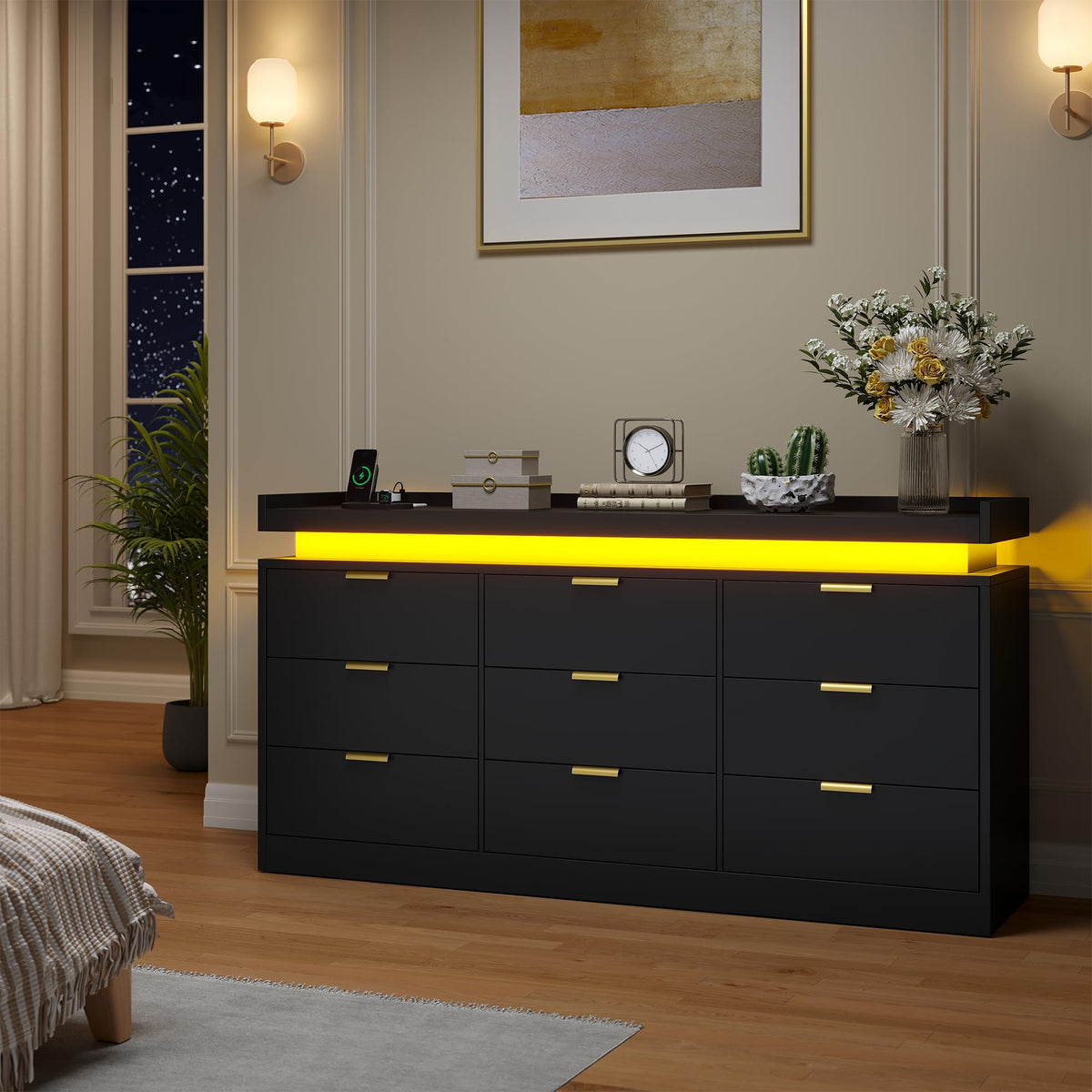Black 9 Drawer Wood Dresser with LED Lights and Power Outlet E9503