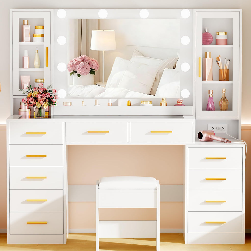 White Glass Top Vanity Desk with Mirror and Lights L604453