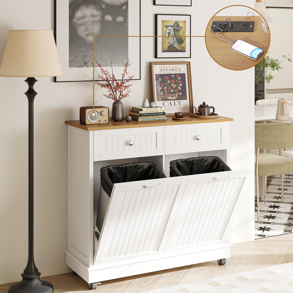 20 Gallon Wooden Tilt-Out Trash Can Cabinet with 2 Drawers, White E767