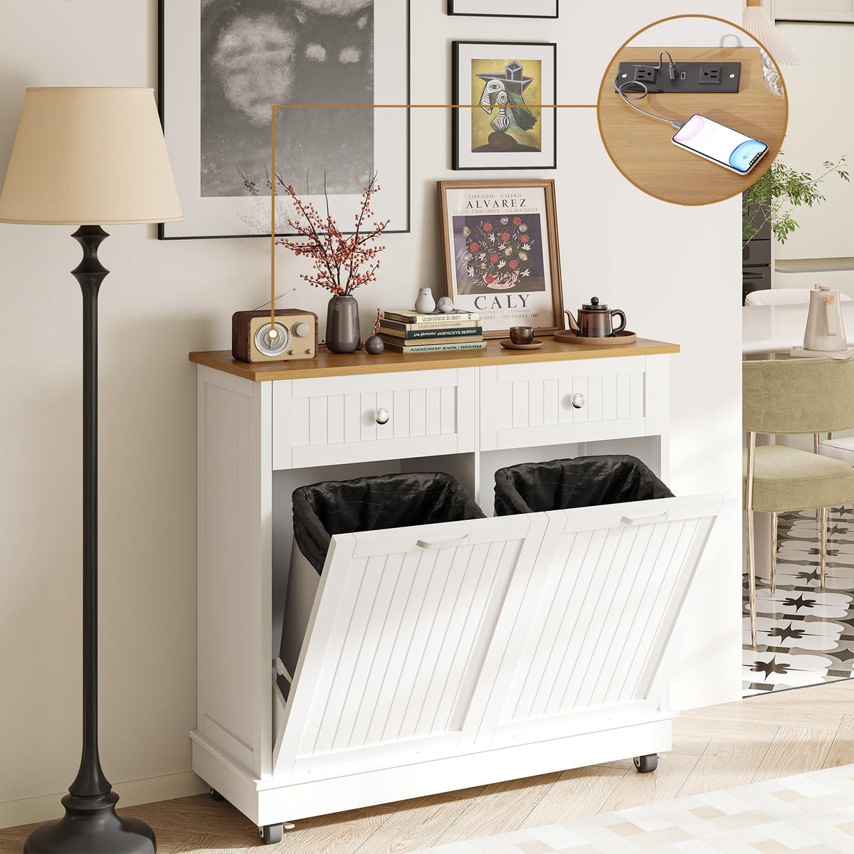 20 Gallon Wooden Tilt-Out Trash Can Cabinet with 2 Drawers, White E767