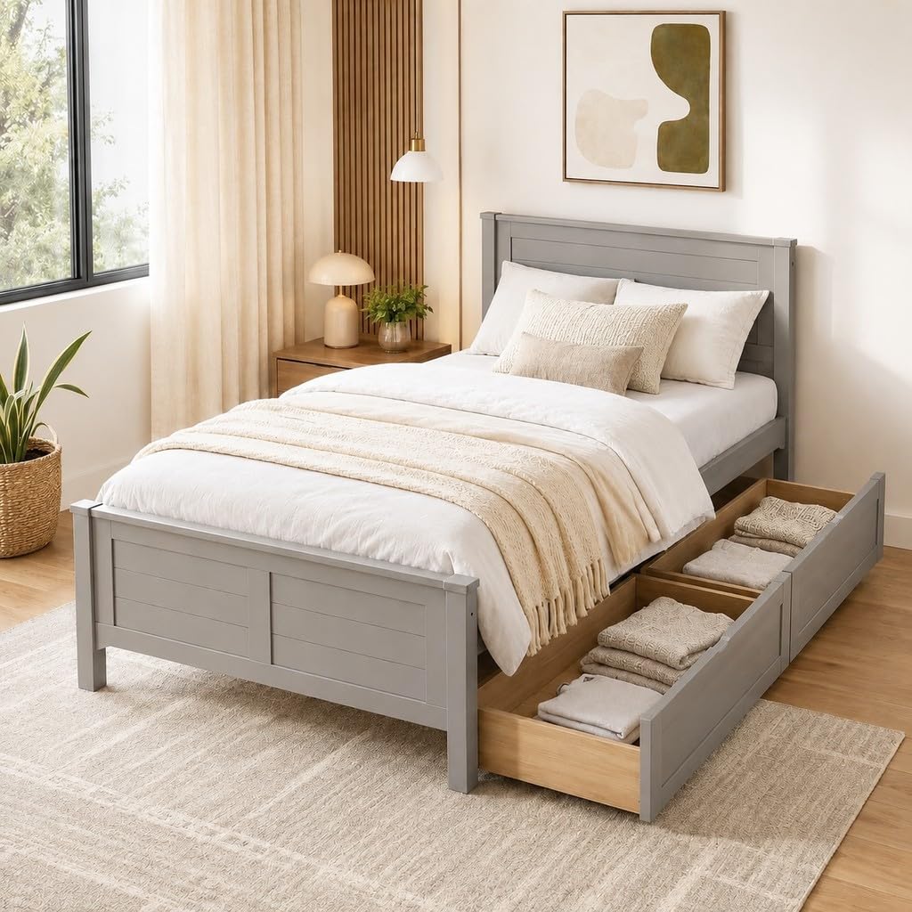 Wood Bed Frame with 2 Drawers & Headboard B480