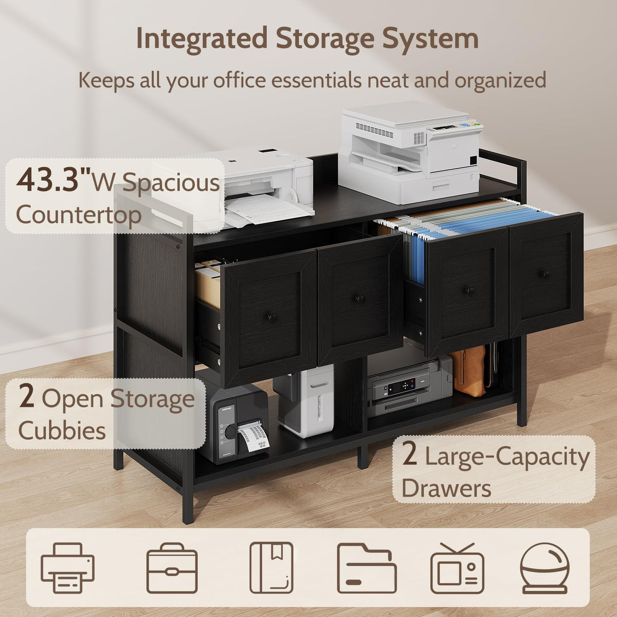 Black 2 Drawer Wood File Cabinet with Power Outlet J748
