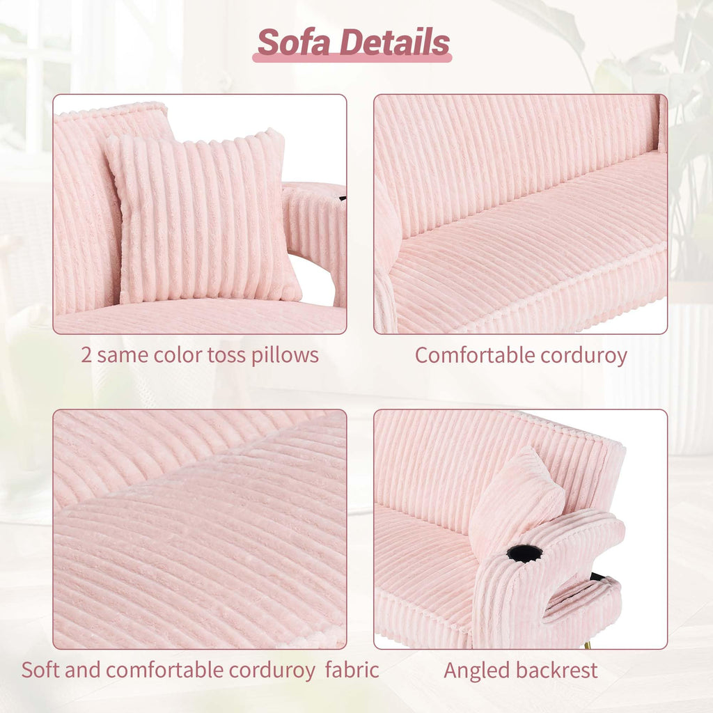 74" Pink Corduroy Convertible Sofa Bed with Cup Holder E184