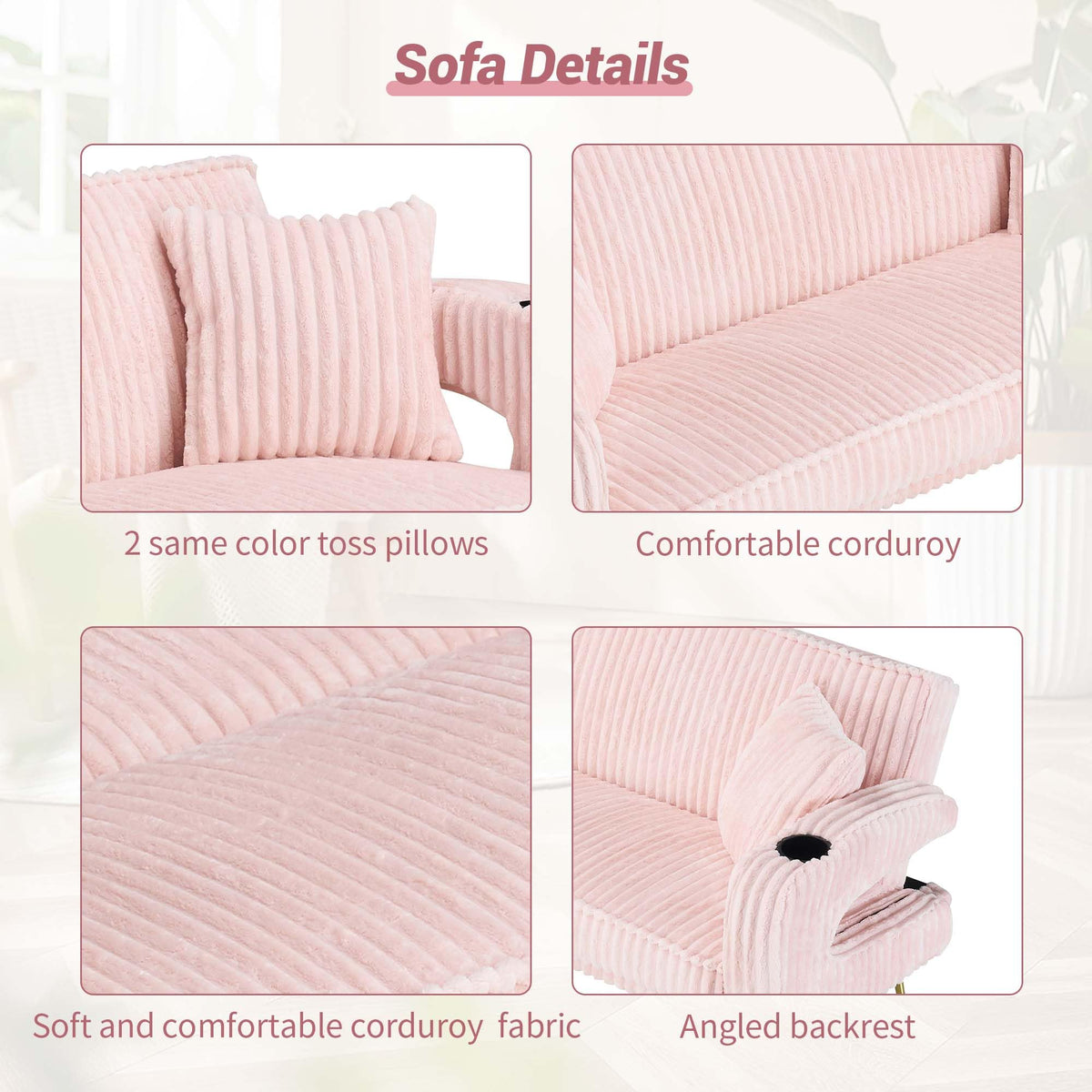 74" Pink Corduroy Convertible Sofa Bed with Cup Holder E184