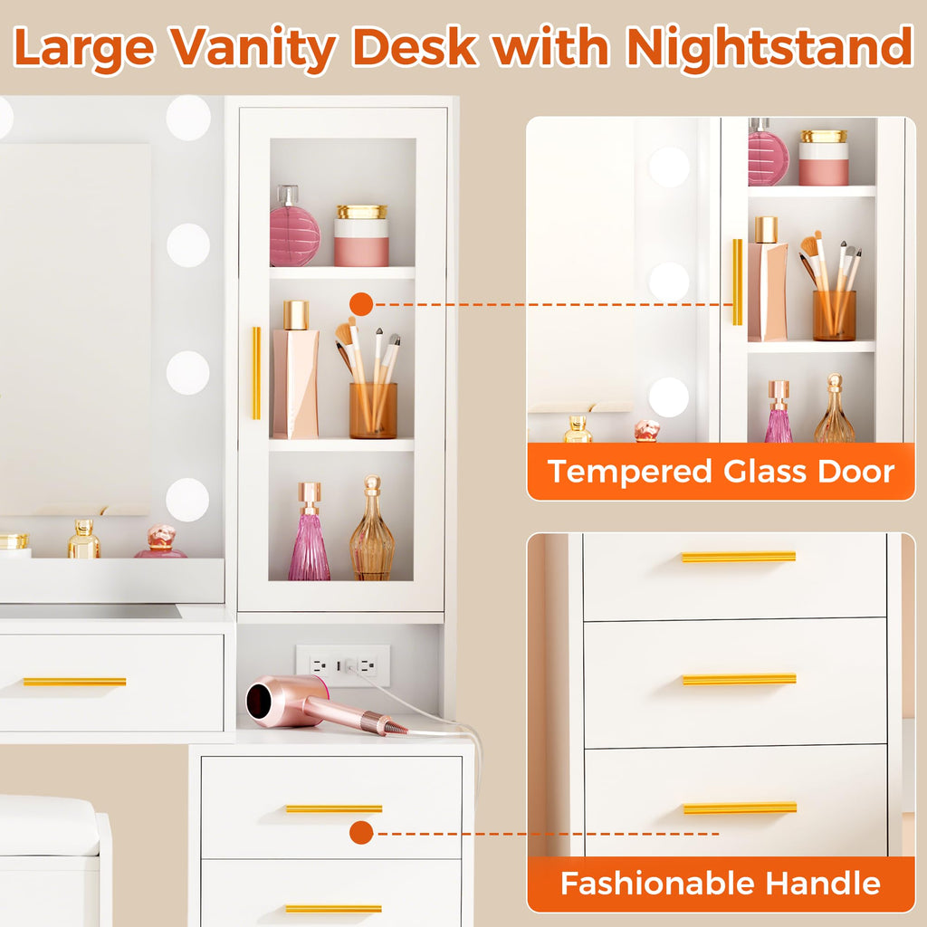 White Glass Top Vanity Desk with Mirror and Lights L604453
