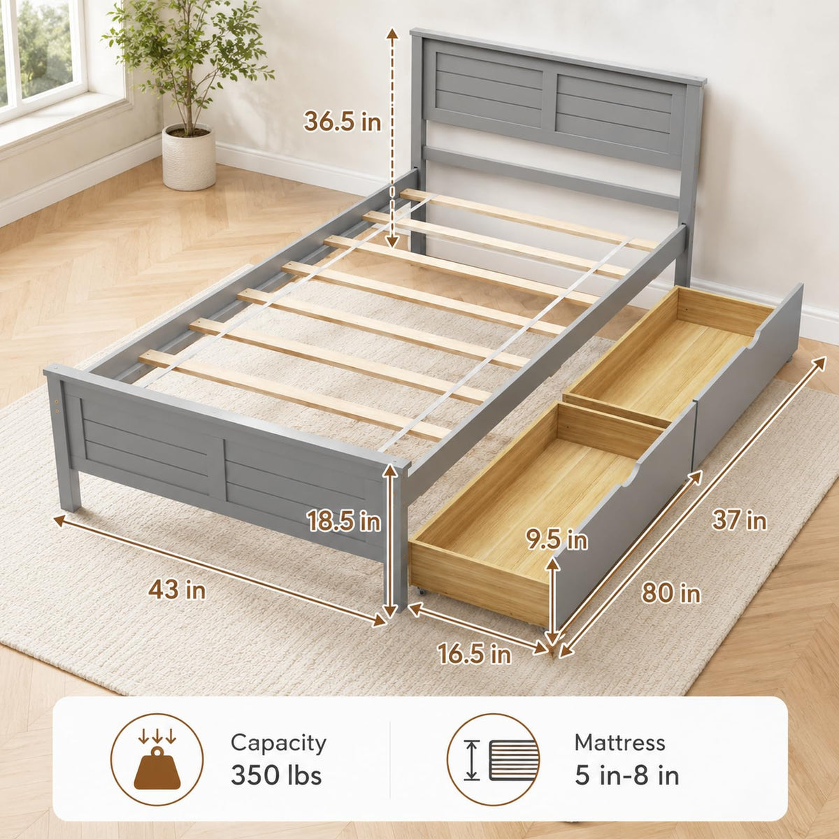 Wood Bed Frame with 2 Drawers & Headboard B480
