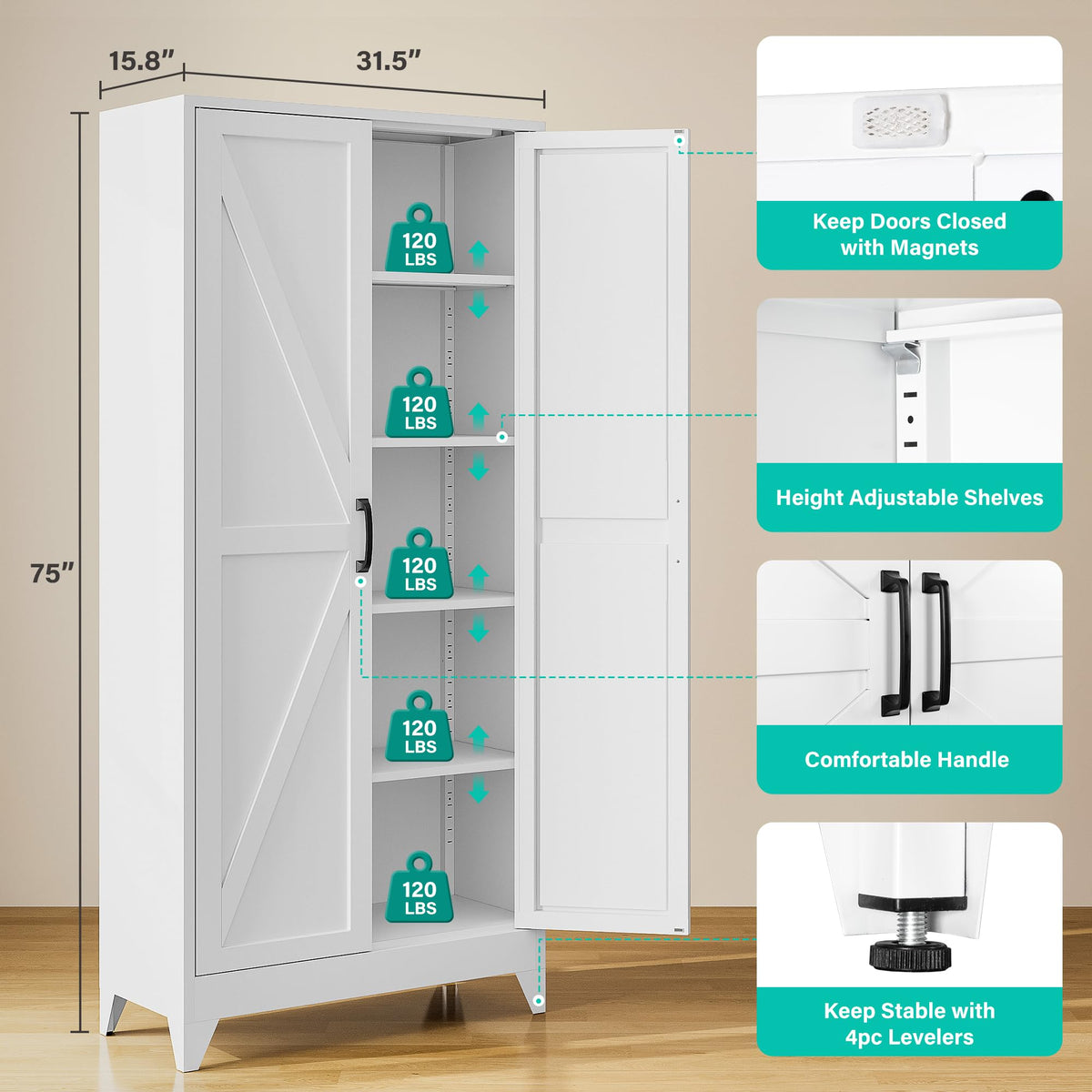 75" Tall White Metal Pantry Cabinet with 2 Doors and 5 Shelves B73112