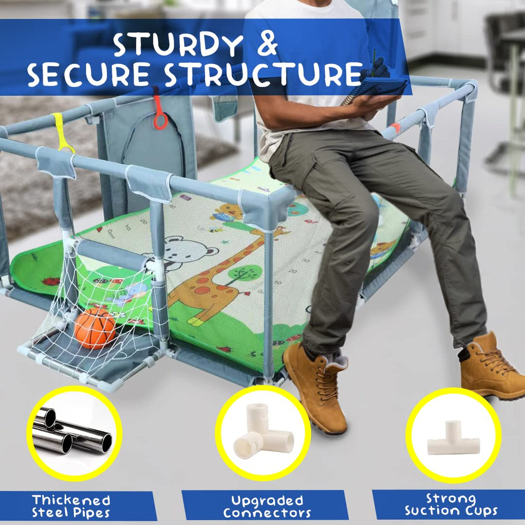 Large Baby Playpen with Foldable Mat, Basketball Hoop, Soccer Nets, 20 Balls, 4 Pull-Up Rings L76345