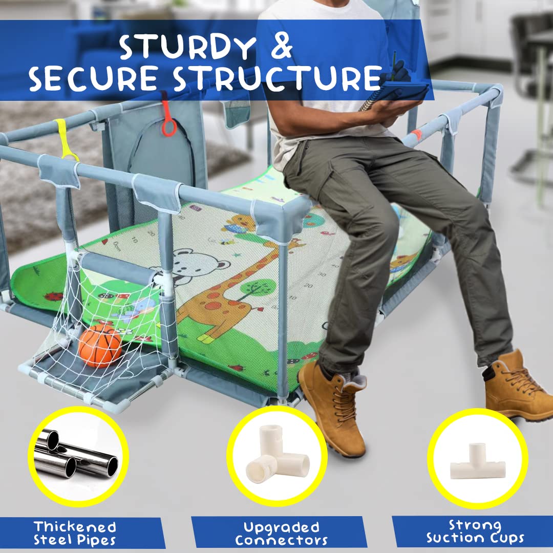 Large Baby Playpen with Foldable Mat, Basketball Hoop, Soccer Nets, 20 Balls, 4 Pull-Up Rings L76345