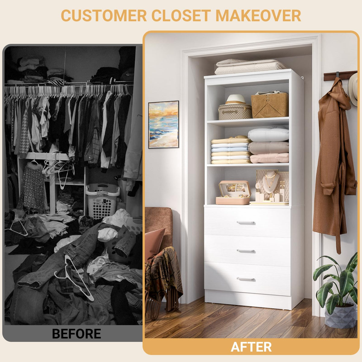 23.6" White Closet Drawers System with 3 Drawers O4900