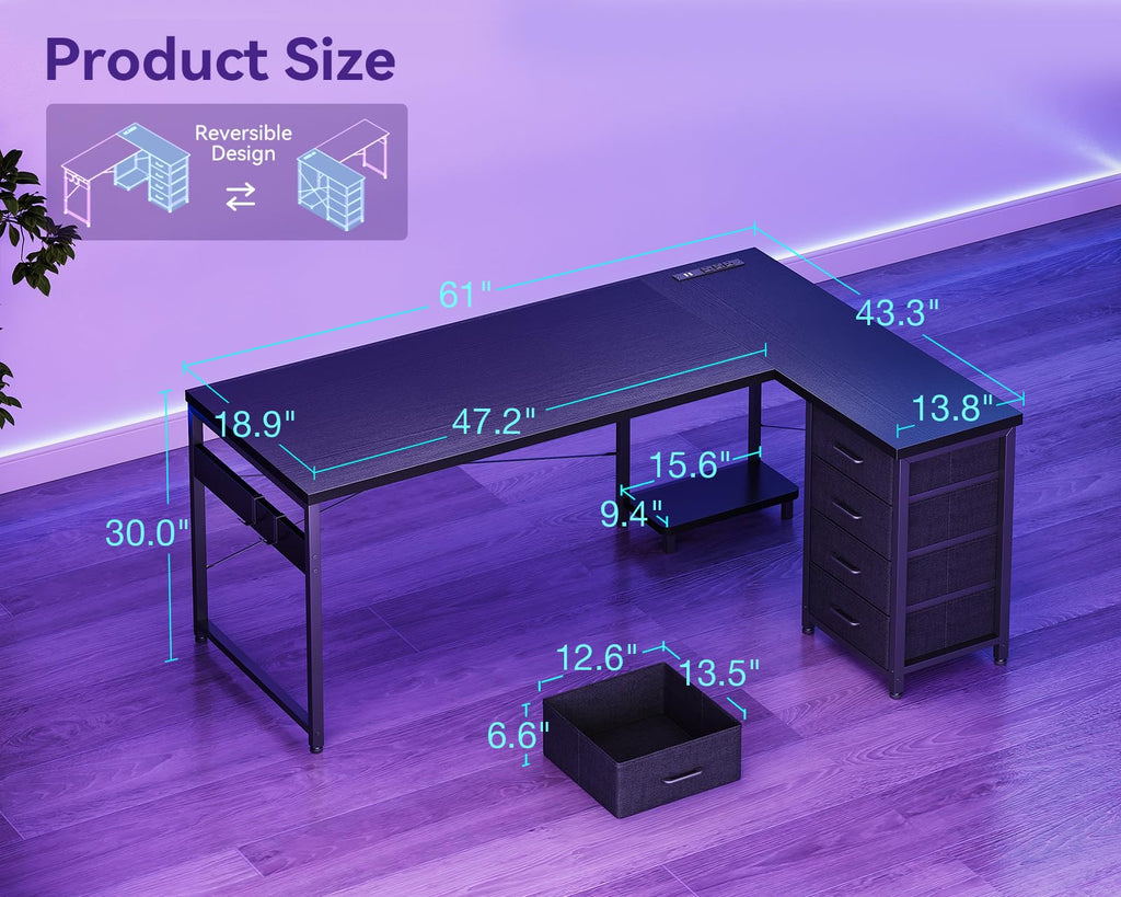 61" L Shaped Gaming Desk with 4 Drawers and Power Outlets, Black K912894