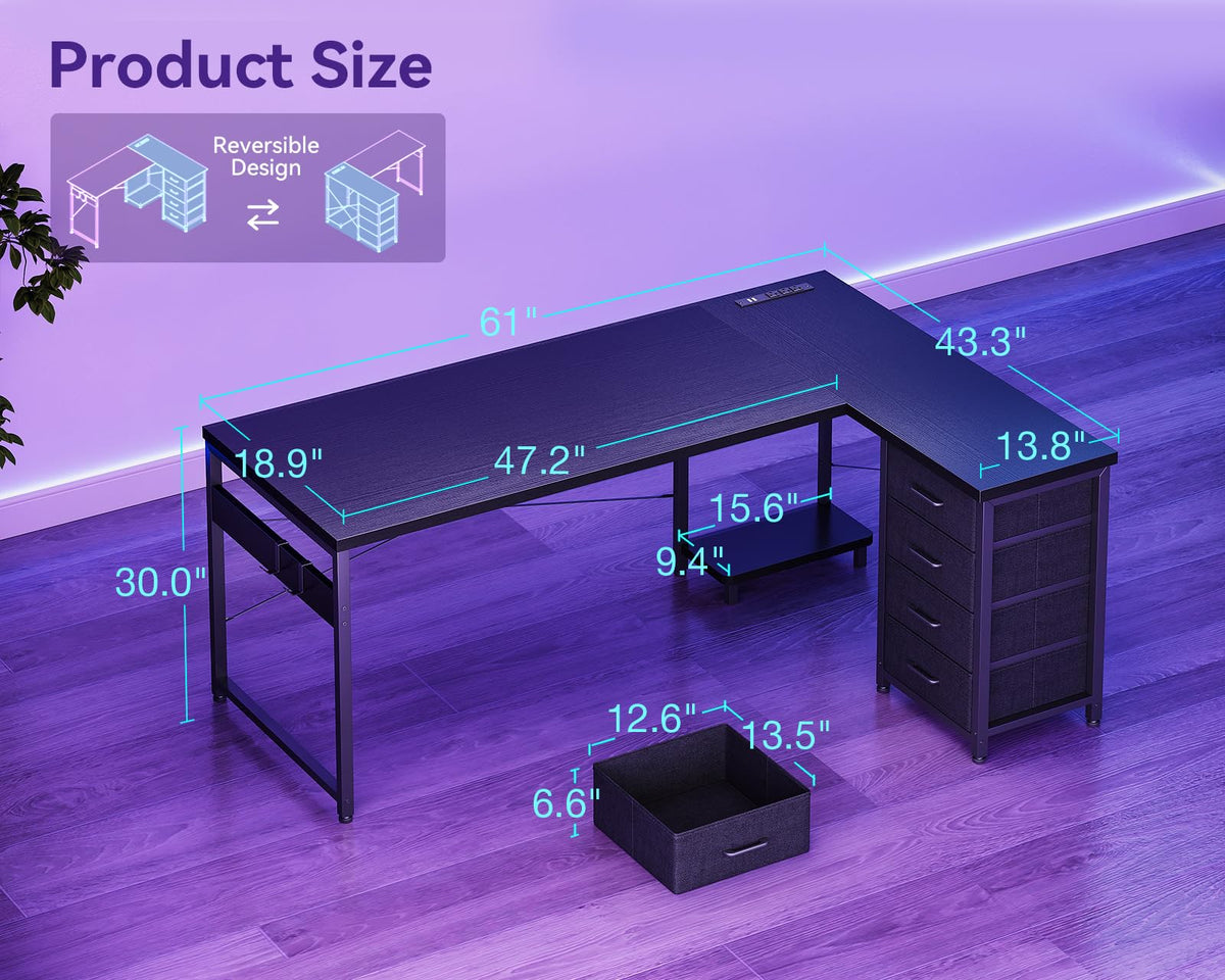 61" L Shaped Gaming Desk with 4 Drawers and Power Outlets, Black K912894