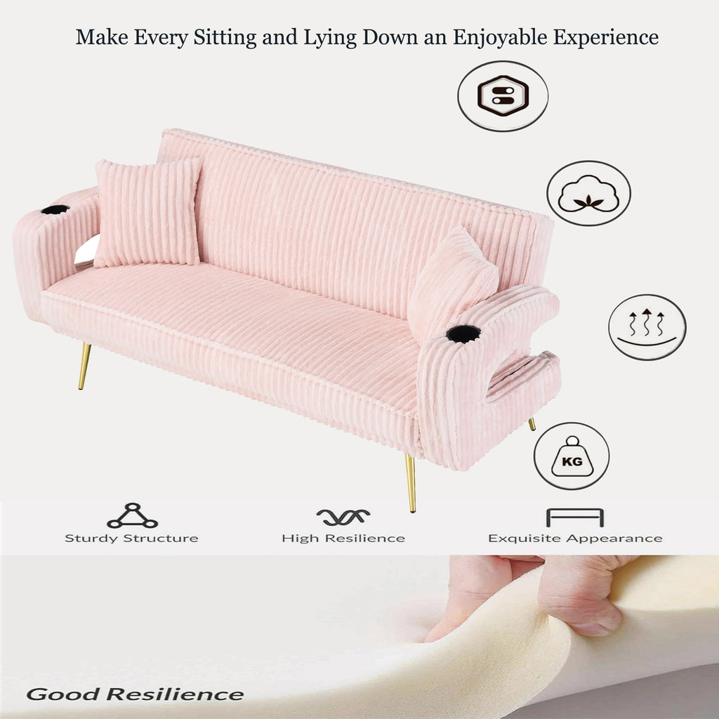 74" Pink Corduroy Convertible Sofa Bed with Cup Holder E184