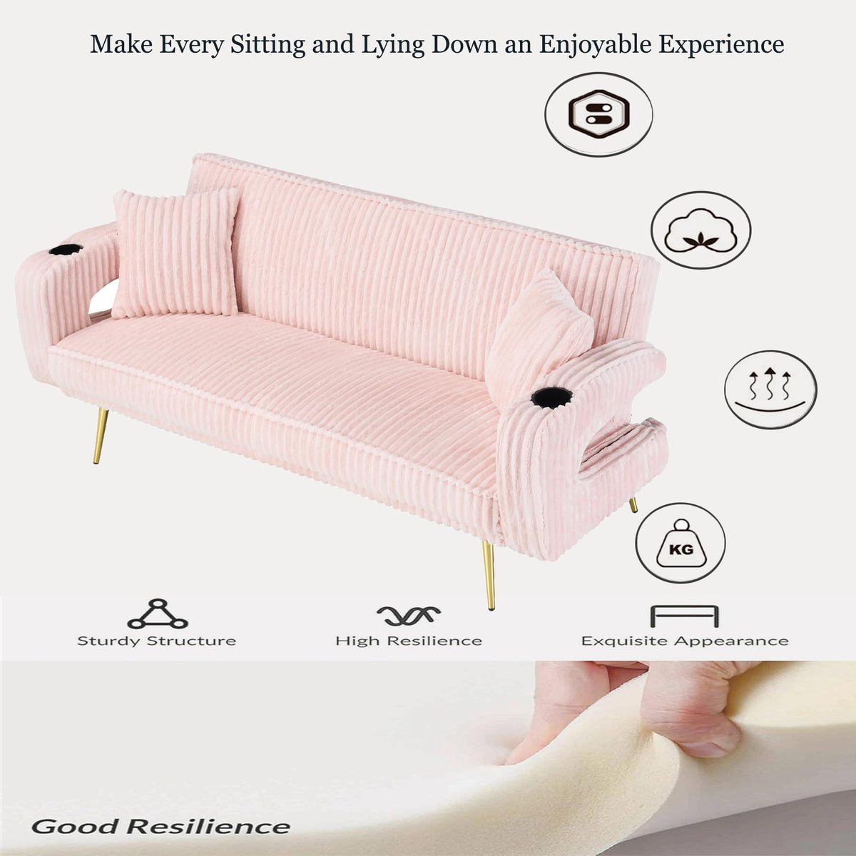 74" Pink Corduroy Convertible Sofa Bed with Cup Holder E184