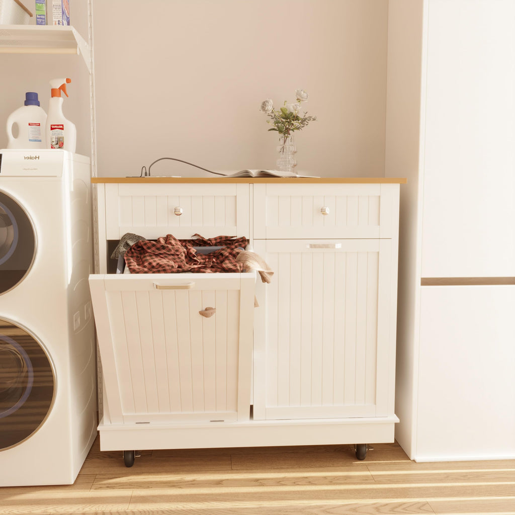 20 Gallon Wooden Tilt-Out Trash Can Cabinet with 2 Drawers, White E767