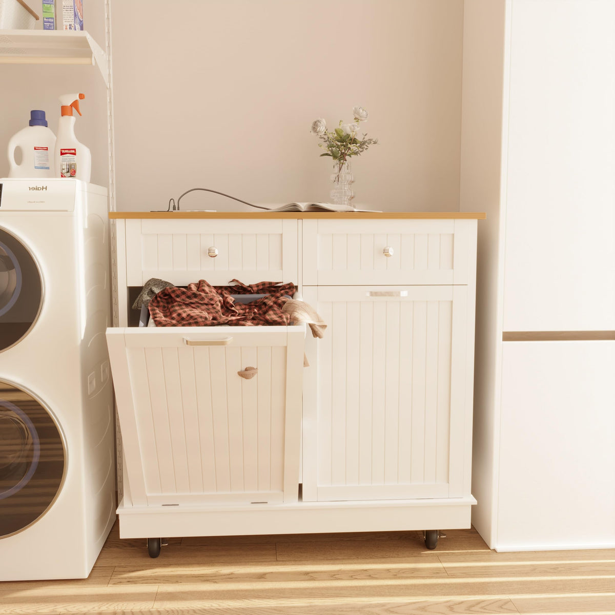 20 Gallon Wooden Tilt-Out Trash Can Cabinet with 2 Drawers, White E767
