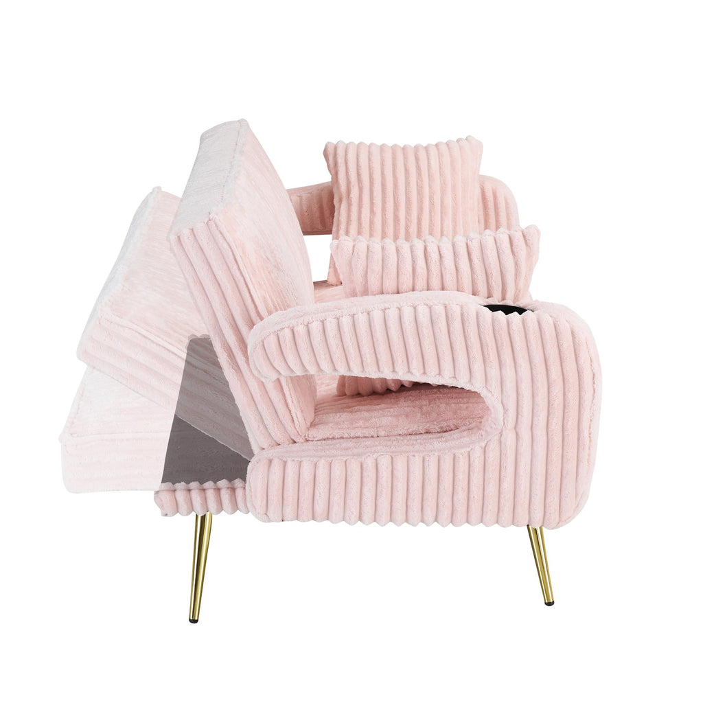 74" Pink Corduroy Convertible Sofa Bed with Cup Holder E184