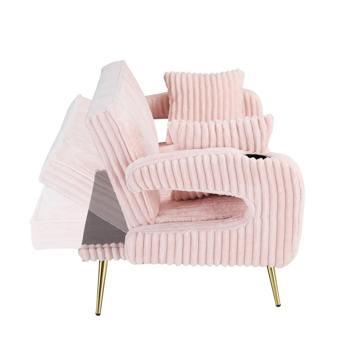 74" Pink Corduroy Convertible Sofa Bed with Cup Holder E184