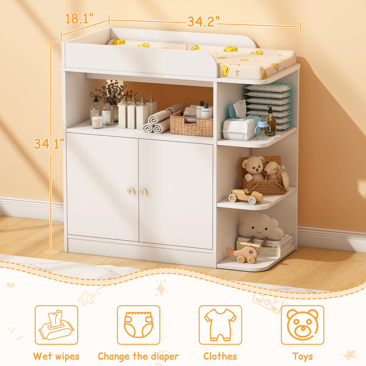 White Wood Changing Table Dresser with Cabinet P998