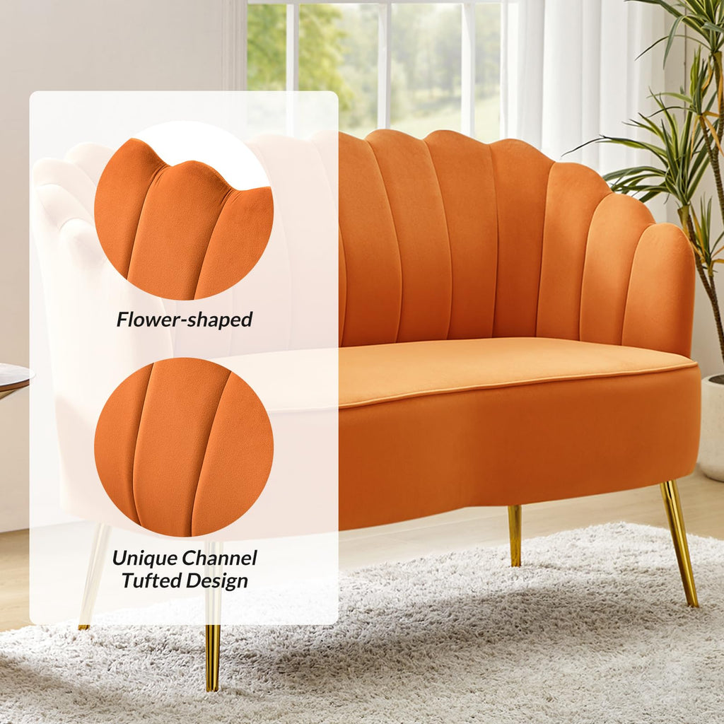 Orange Velvet 2-Seater Loveseat Sofa with Gold Metal Legs M209