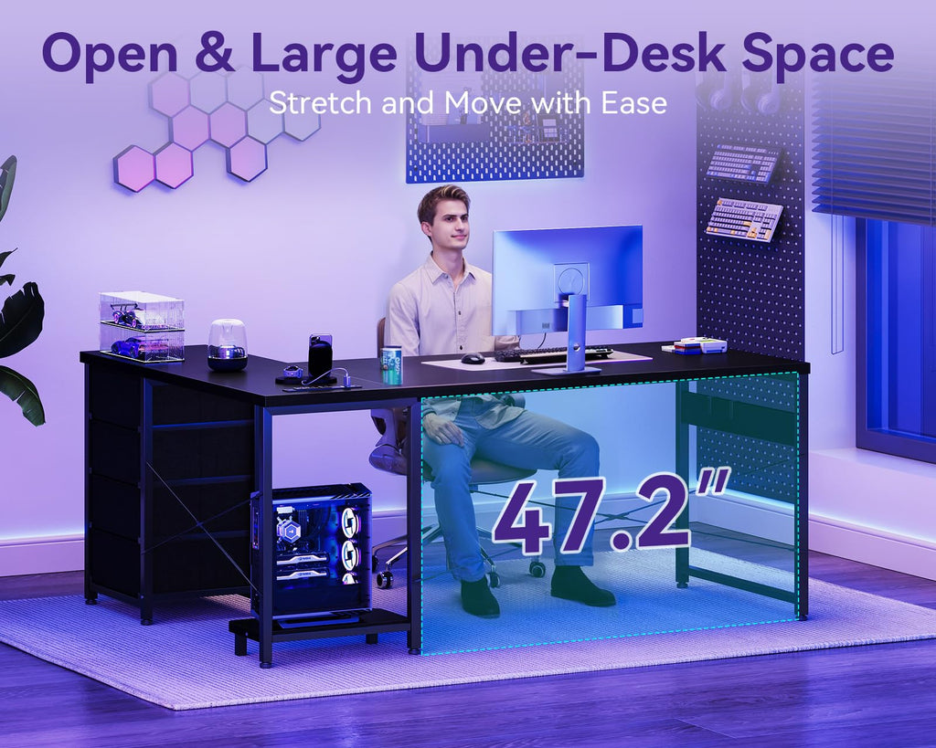 61" L Shaped Gaming Desk with 4 Drawers and Power Outlets, Black K912894