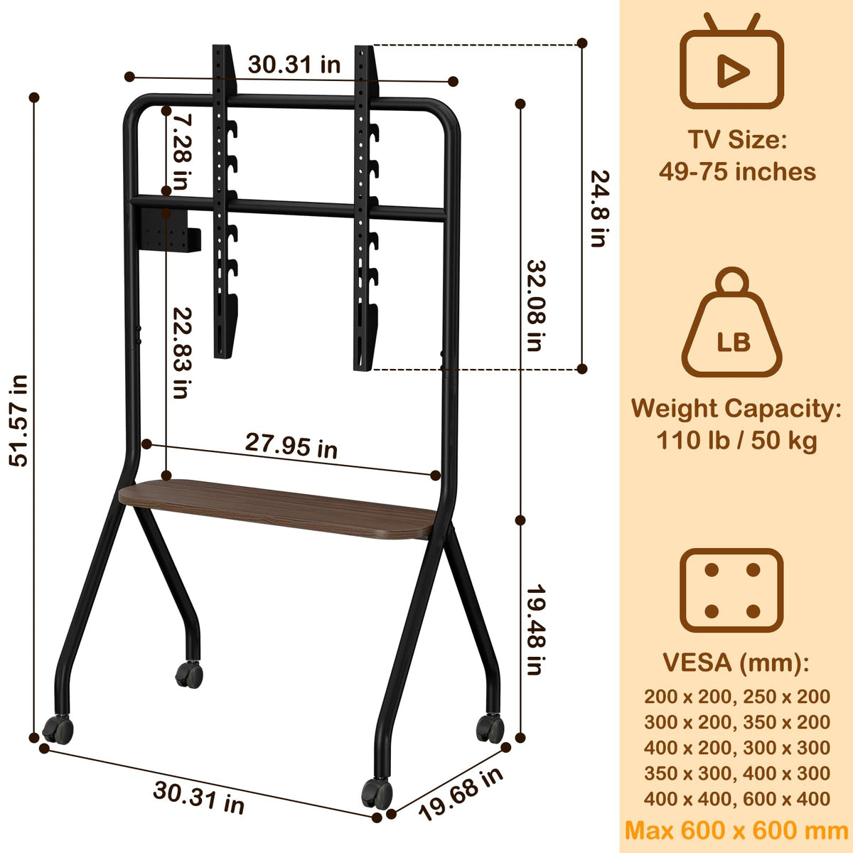 Black Height Adjustable Rolling TV Stand for 49-75 Inch TVs B614579