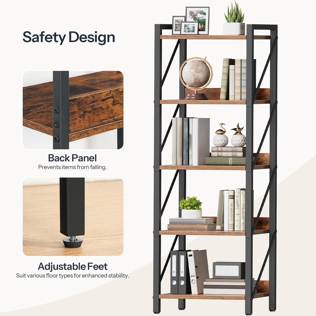 5-Tier Industrial Bookshelf with Metal Frame N592372