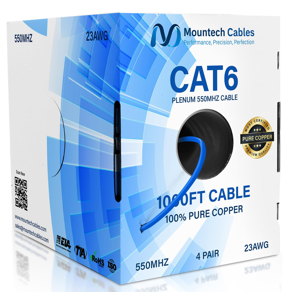 Cat6 Plenum 1000ft Pure Copper Ethernet Cable Blue E1443