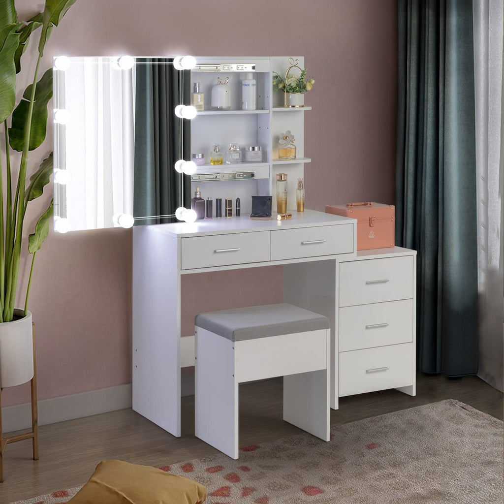 White Vanity Desk with Sliding Mirror U95198