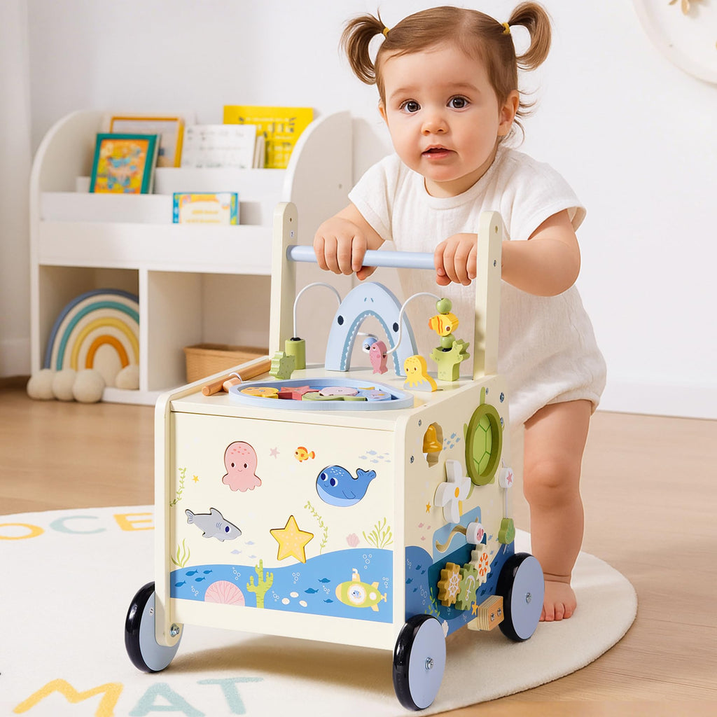 Wooden Baby Walker Push Toy with Fishing Game, Music, Storage W341