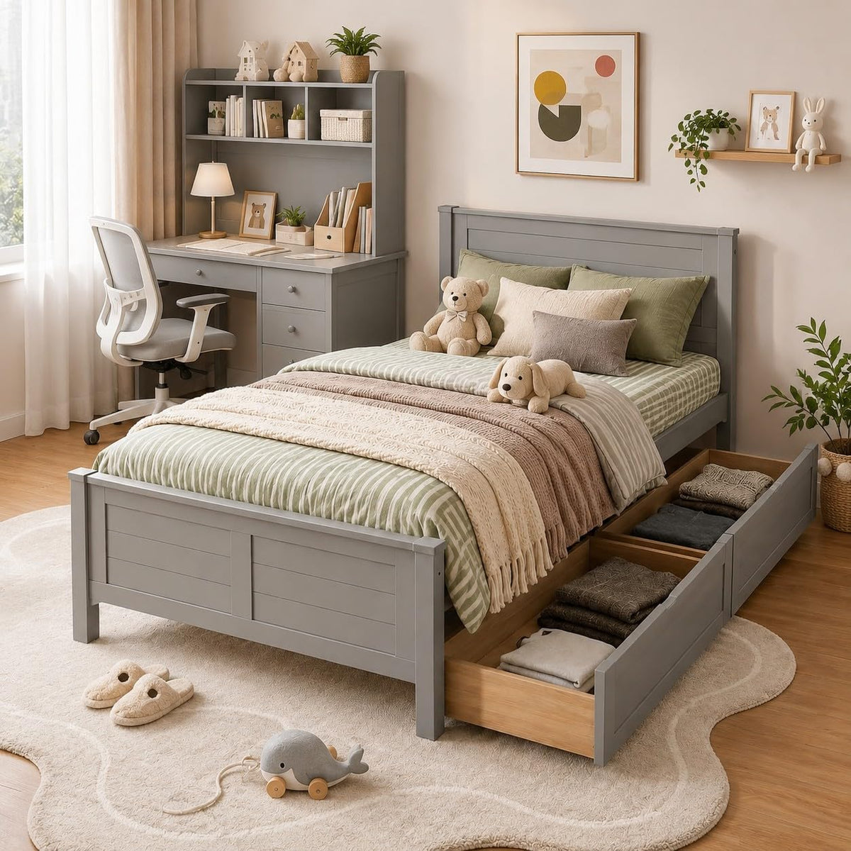 Wood Bed Frame with 2 Drawers & Headboard B480