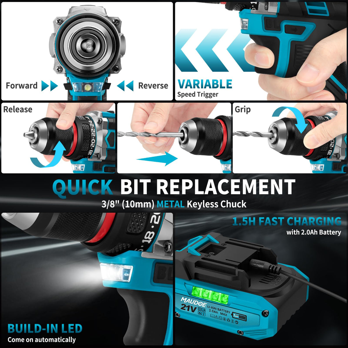 21V Brushless Cordless Drill with 2 Batteries & Charger O63413
