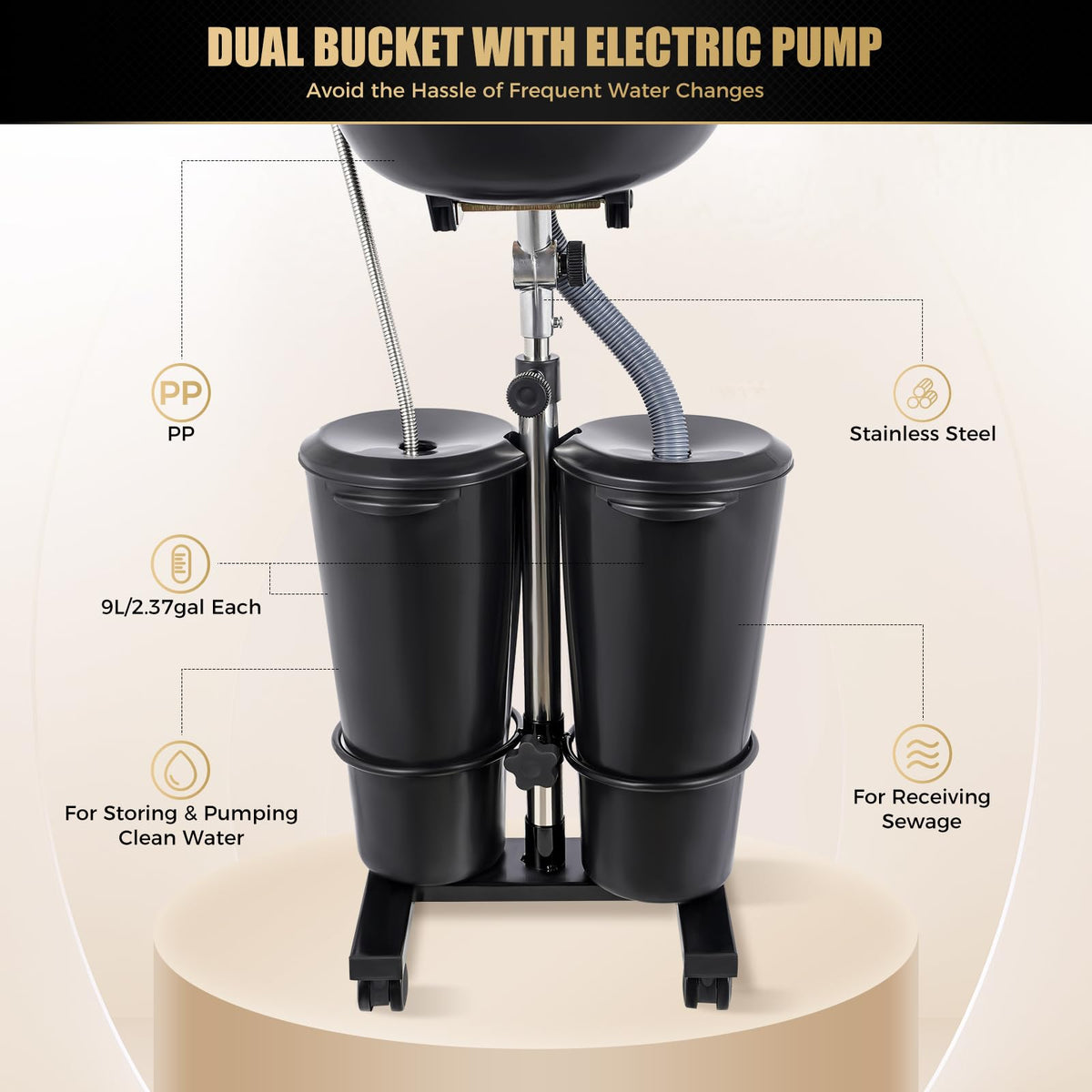 Portable Plastic Shampoo Basin with 2 Water Buckets and Wheels I2618