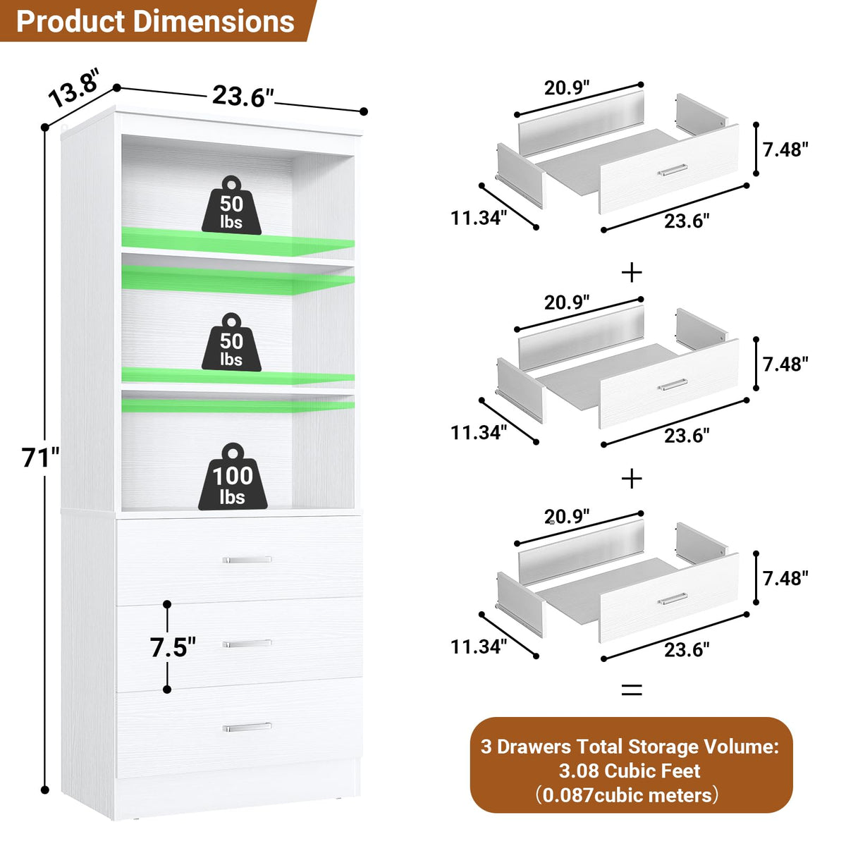 23.6" White Closet Drawers System with 3 Drawers O4900