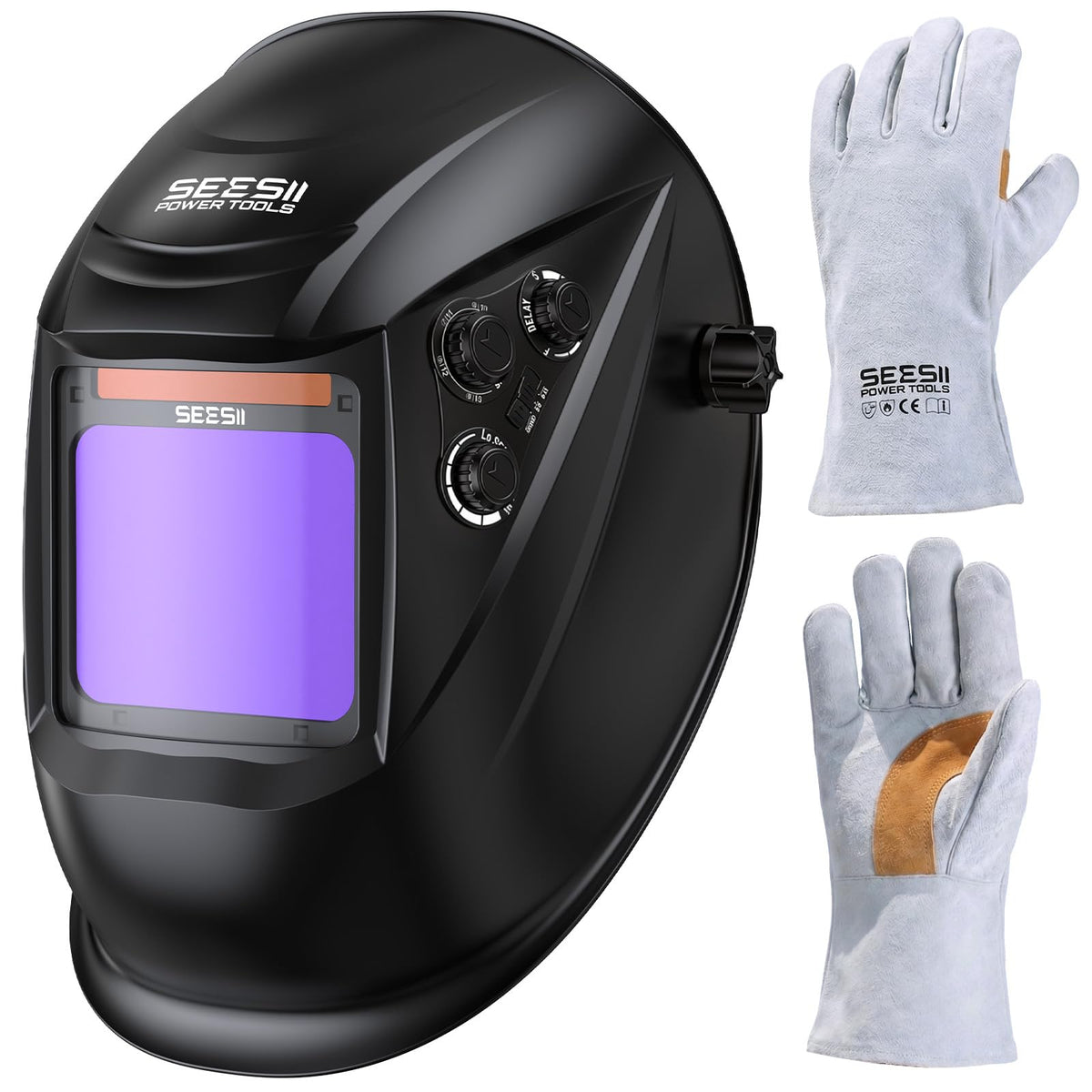 Large View Auto Darkening Welding Helmet with Welding Gloves Q55933